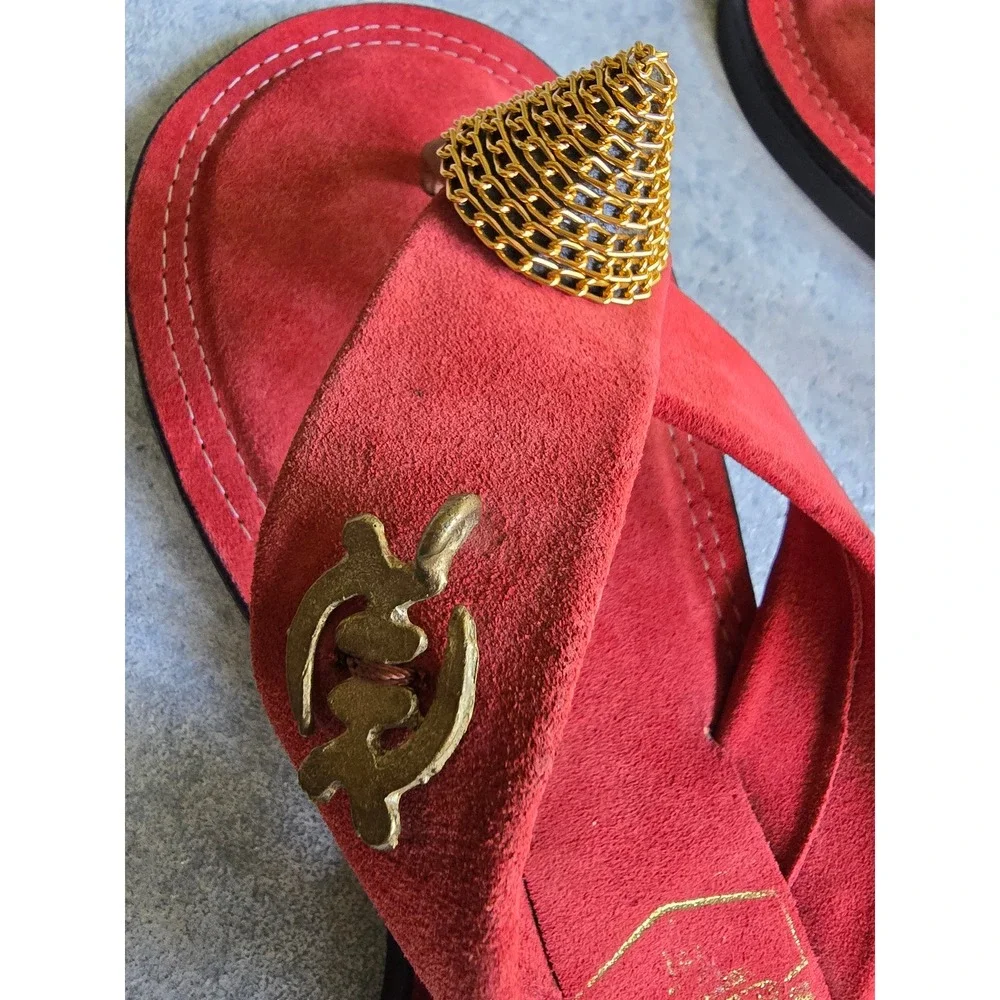 Ahenema Slippers African Royal Thong Sandals Mens Size EU 42 Red Gold Suede